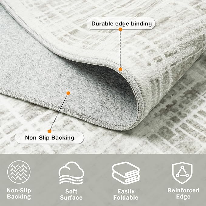 5x7 Washable Area Rug for Living Room Bedroom: Non-Slip Modern White Gray | - Image 4