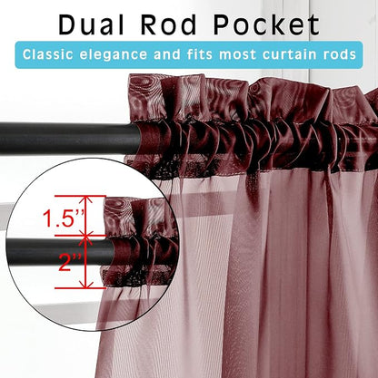 Burgundy Sheer Curtains 84 inch Length 2 Panels Set, Light Filtering Sheer - Image 2