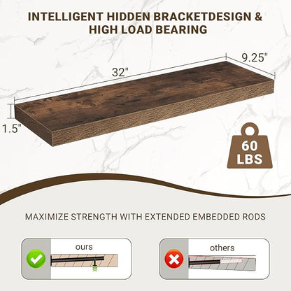 Acovy 32 Inch Floating Shelves, 3D Textured Wood Grain, Wooden Shelves - Image 3