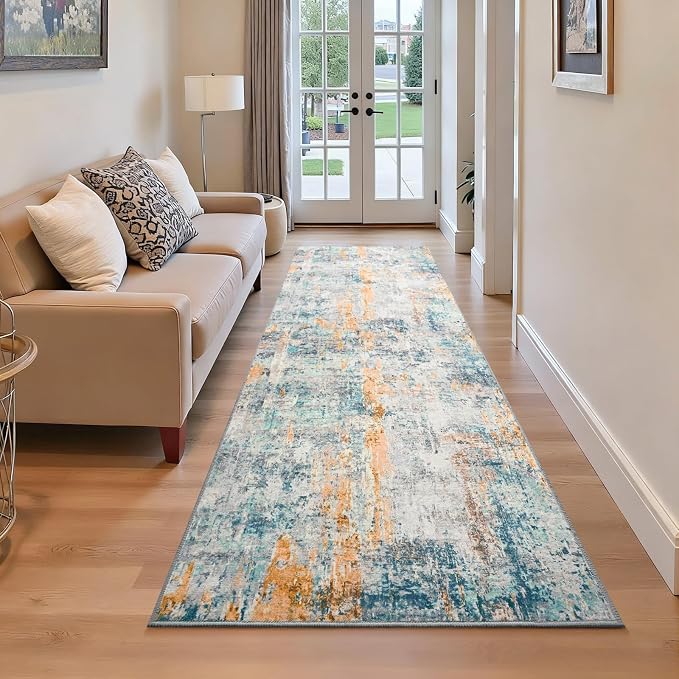 Runner Rug for Kitchen Hallways Runner Rug Non Slip 2'6''x8' Washable Blue Long - Image 2