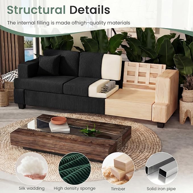 3 Seater Corduroy Couch for Living Room, 89” Black Cloud Sofa, Deep Seat Floor - Image 7