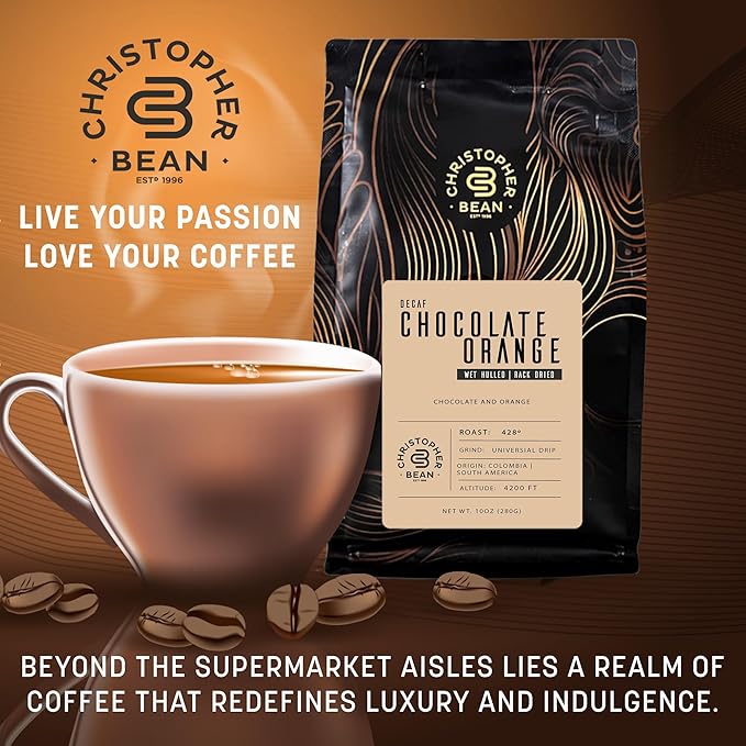 Christopher Bean Coffee - Certified Kosher - Decaf Ground Universal Drip Chocolate Orange Flavored Coffee with Medium Roast | Chocolate Orange Coffee No Sugar with 100% Arabica, No Fats, Non-GMO | 10-Ounce