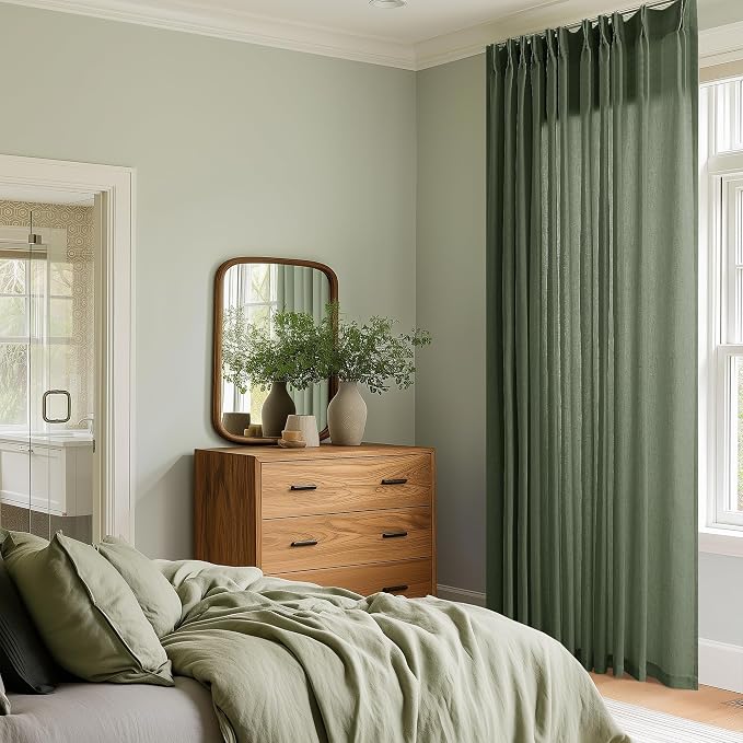 Extra Wide Pinch Pleat 100 x 84 Inch Linen Curtains Olive Green | Light - Image 9
