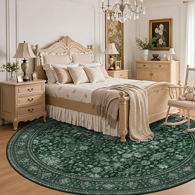Round Area Rug for Living Room: 6ft Boho Washable Rug Deep Green | Vintage Boho - Image 4