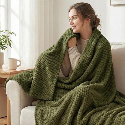 Exclusivo Mezcla Soft Waffle Fleece Bed Blanket Queen Size, Olive | Lightweight - Image 2