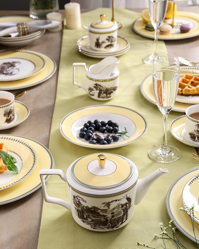 ACMLIFE Tea Set for Adults- Fine China Tea Set for 6, 21-Piece Vintage Coffee Set English Porcelain Tea Pot Sets for Adult Tea Party for Women Gift (Yellow, Extra Large 21)