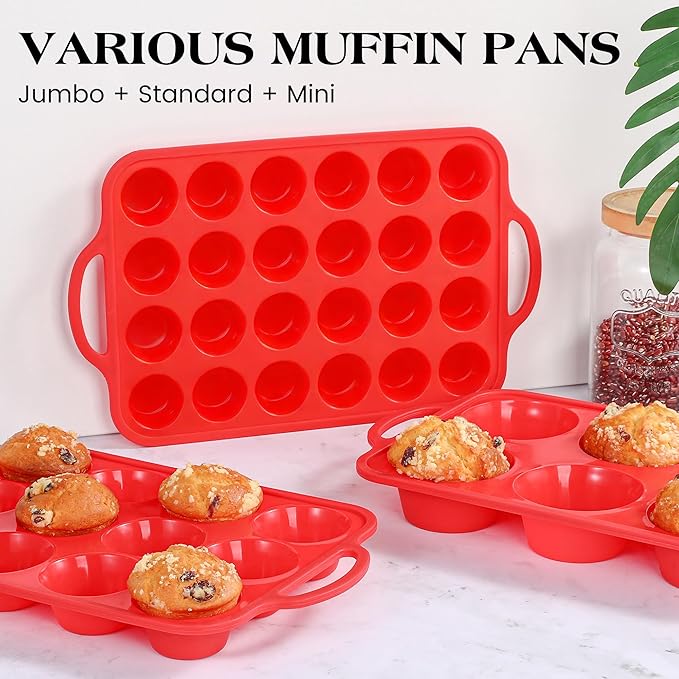 2 Pcs Jumbo Muffin Pan with Metal Frame, Nonstick 6 Cup Extra Large Cupcake Pan for Baking, Silicone Deep Muffin Tray for Egg Bites (Red)