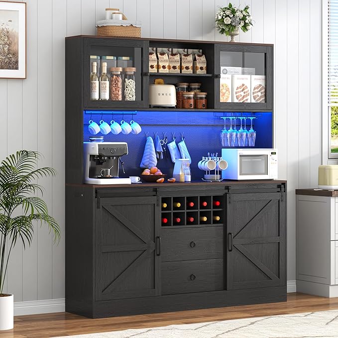 74" Tall 63" Wide Larg Bar Cabinet w/ Outlet,6000-color LED Light,Pegboard,Farmhouse Hutch Bar Cabinet w/Barn Door,2 Big Drawers,Adjustable Shelves,10 Wine & Glasses Rack,5 Hook for Kitchen,Black
