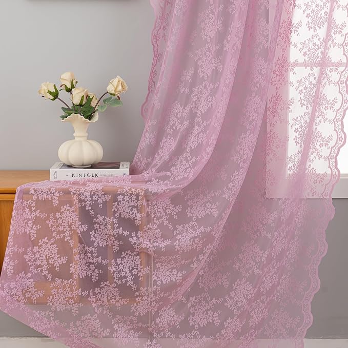 YJ YANJUN Vintage Lace Curtains 63 Inch Length-Victorian Floral Pattern Lilac - Image 3