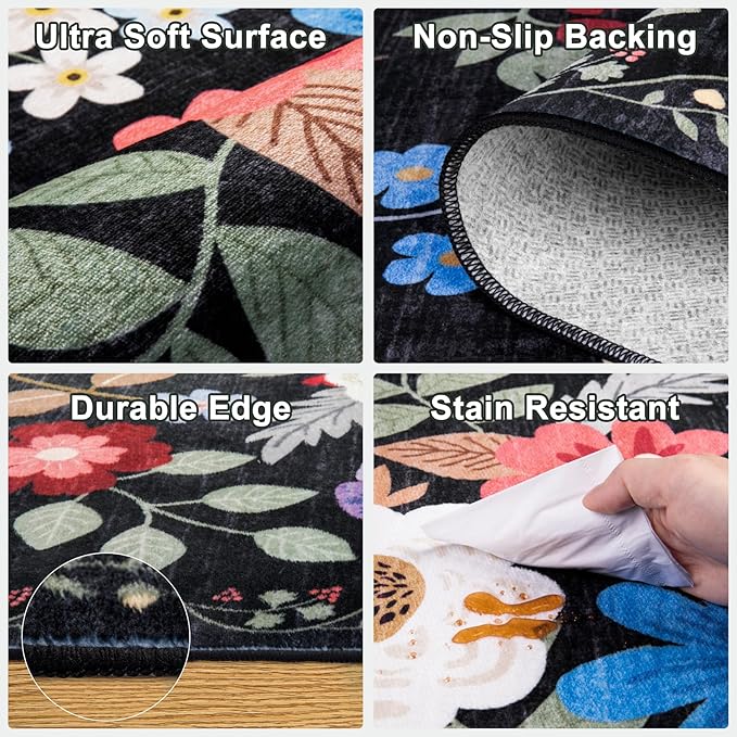 PLHXFR Round Area Rug Living Room: 6 ft Floral Washable Soft Carpet Black | - Image 6