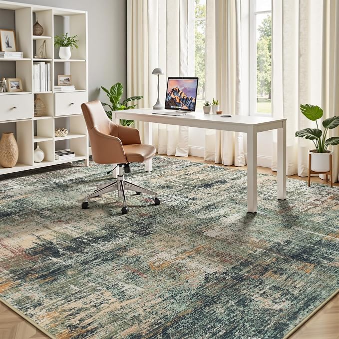 5x7 Area Rug for Living Room, Abstract Washable Non-Slip Rugs, Coffee/Green | - Image 6