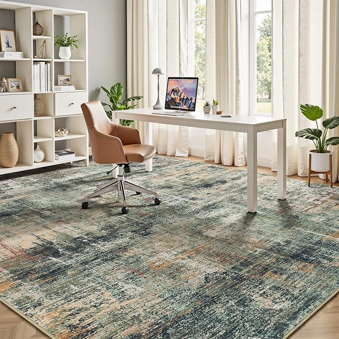9x12 Area Rug for Living Room, Abstract Washable Large Rugs, Coffee/Green | - Image 6