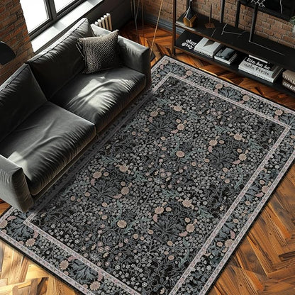 Vintage Black Living Room Rug, 6x9 Washable Area Rugs - Image 2