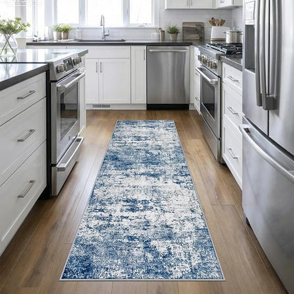 2.6x10 Washable Runner Rug:Modern Abstract Indoor Soft Carpet Blue | by FXRHLP