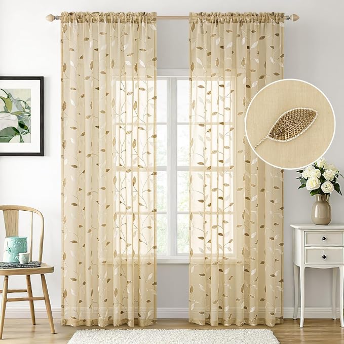 MIULEE Beige Sheer Curtains 2 Panels Embroidered Leaf Patterned, W52 x L84 | - Image 2