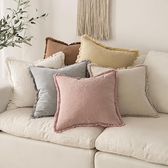 MIULEE Boho Linen Fringe Decorative Throw Pillow Covers Pink 20x20 | Set of 2 - Image 6