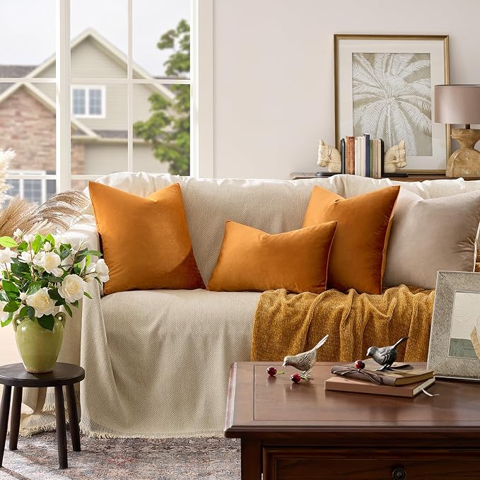 GIGIZAZA Orange Velvet Pillow Covers 22x22 Decorative Pillows Pack of 2 | Throw - Image 2