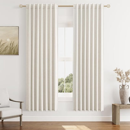 Beige White 100% Blackout Linen Curtains 72 Inch Length 2 Panels Set by Guken