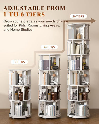 6-Tier Solid Wood Rotating Bookshelf on Wheels, 360° Spinning Book Shelf Tower - Image 4