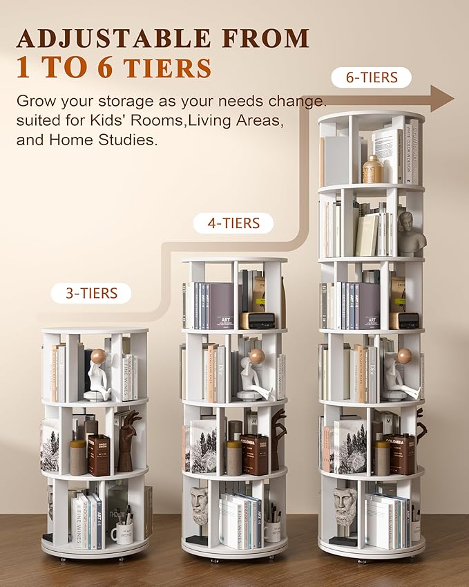 4-Tier Solid Wood Rotating Bookshelf on Wheels, 360° Spinning Book Shelf Tower - Image 4