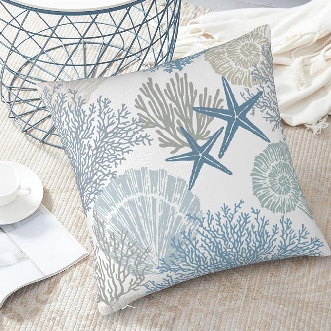 Nautical Coastal Beach Pillow Covers 18x18 Set of 2, Ocean Themed Seashell - Image 4