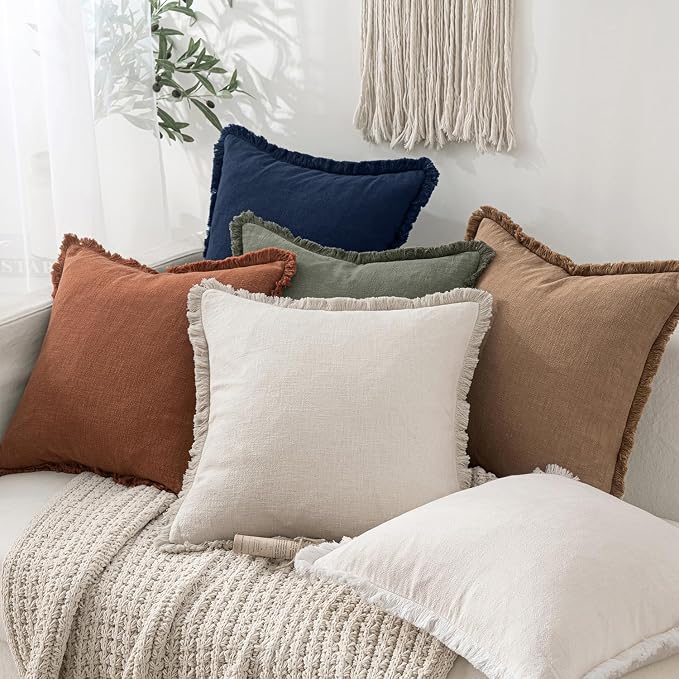 MIULEE Boho Linen Fringe Decorative Throw Pillow Covers Dark Navy 18x18 | Set - Image 5