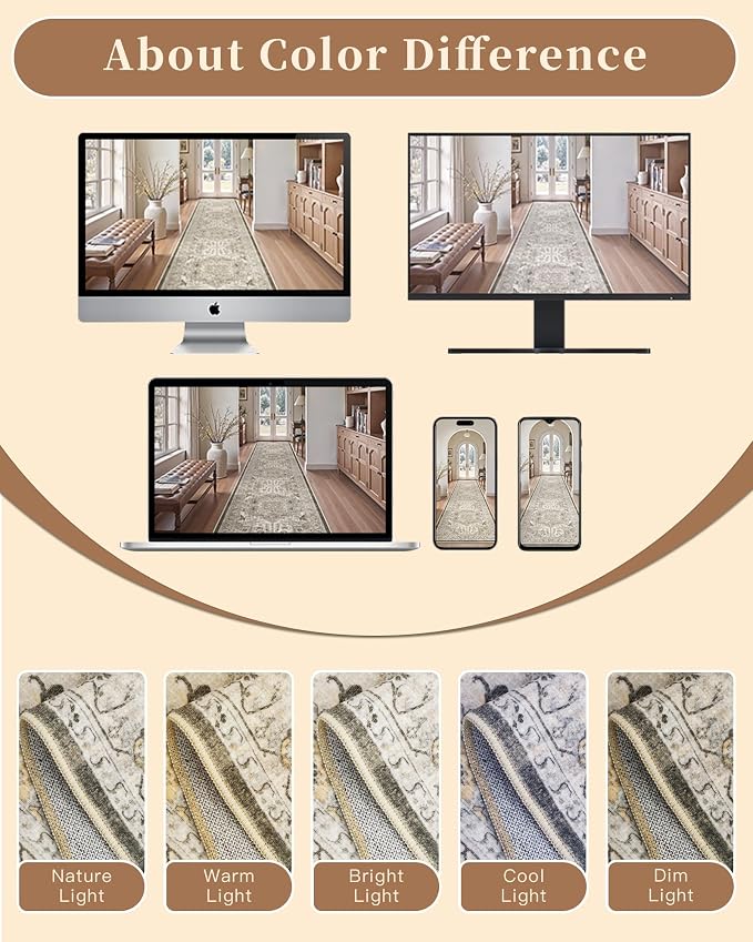 Madane Hallway Runner Rug 2x8 Washable Kitchen Rugs Non-Slip, Ivory/Brown | - Image 10