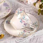 KAMMAK Tea Cups and Saucers Set of 2, Reinforced Porcelain Coffee Cups, 7.4-Ounce Stackable Espresso Mugs, Ceramic Demitasse for Coffee, Cappuccino, Latte, Americano, Tea, Lilac + Colorful