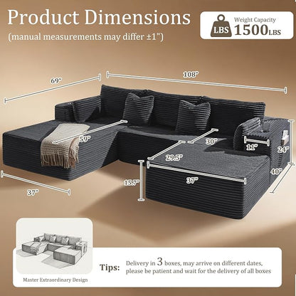 108" Oversized Cloud Sectional Couch, Comfort U Shaped Boneless Couch - Image 2