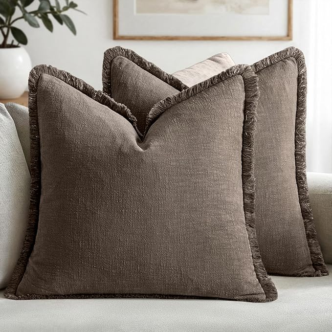 MIULEE Linen Fringe Decorative Fall Euro Throw Pillow Covers Coffee 22x22 | Set by MIULEE