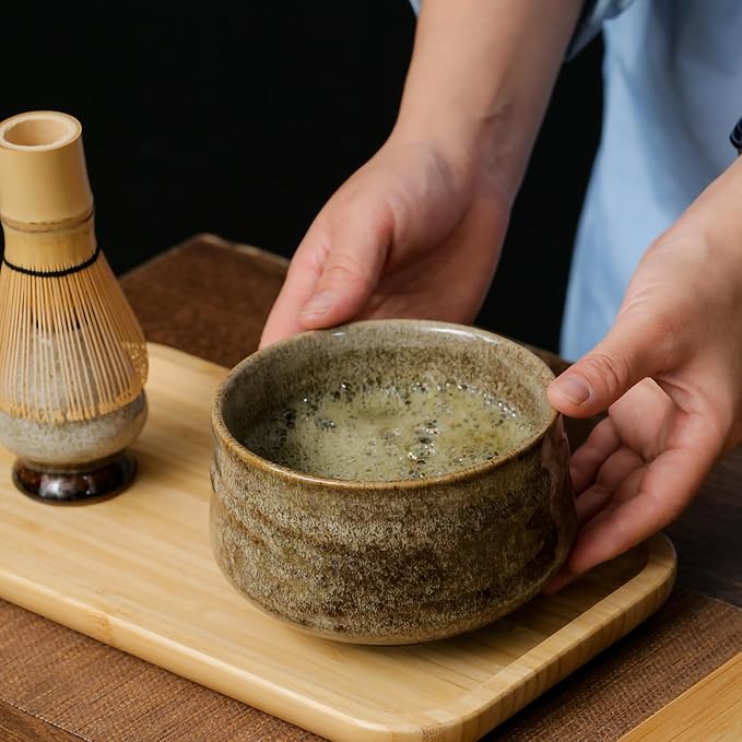 Japanese Matcha Tea Set (7pcs) - Matcha Whisk and Bowl, Whisk Stand (Chasen Holder), Scoop, Starter Making Kit for Matcha Tea Ceremony (Kiln Glaze-White)