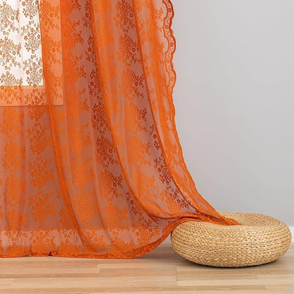 YJ YANJUN Vintage Lace Curtains 108 Inches Long- Burnt Orange Floral Sheer - Image 4