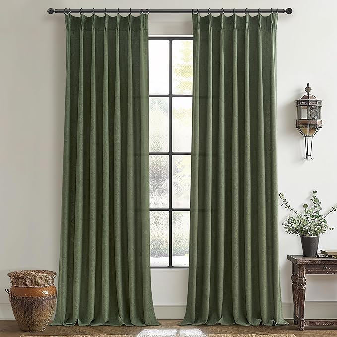 PleatedDrapes Dark Olive Green Pleat Memory Shape Linen Curtains 84 Inch Length by PleatedDrapes