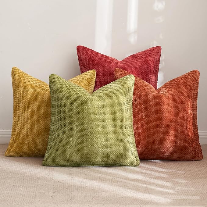 MIULEE Soft Decorative Chenille Fall Pillow Covers Rust Yellow Green 20x20 | - Image 4
