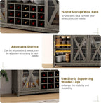 63"W Farmhouse Coffee Bar Cabinet with LED Light,Wine Bar Cabinet w/ 4 Tier Storage Hutch,Kitchen Buffet Cabinet w/Sliding Barn Door & 15 Wine and Glass Racks for Kitchen Dining Room(Dark Rustic Oak)