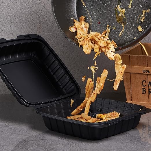 8X8" 1-Compartment 50-Pack Plastic Clamshell To Go Containers Food Carryout Lunch Box Packaging For Sandwich Salad Heavy Duty Disposable Restaurant Service Catering Meal Hinged With Secure Snap Lid