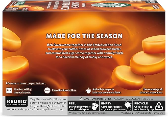 Starbucks K-Cup Coffee Pods, Smoked Butterscotch Flavored Coffee for Keurig Brewers, 100% Arabica, Limited Edition, 1 Box (10 Pods)