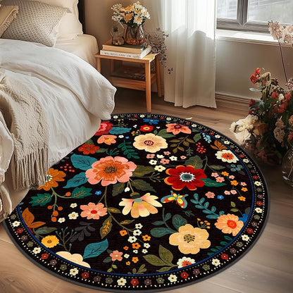 RELEANY Floral Washable Round 4ft Area Rug Black | Flower Carpet Print Boho - Image 3