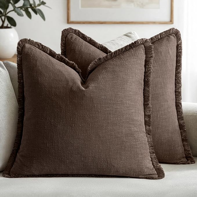 MIULEE Boho Linen Fringe Decorative Fall Pillow Covers Reddish Brown 18x18 | by MIULEE