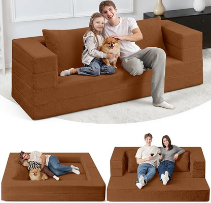 Folding Bean Bag Chair for Adults, 3-in-1 Bean Bag Couch Faux Fur Floor Sofa by Cansunna