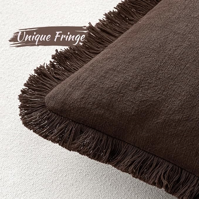 MIULEE Linen Fringe Decorative Fall Throw Pillow Covers Dark Brown 18x18 | Set - Image 4