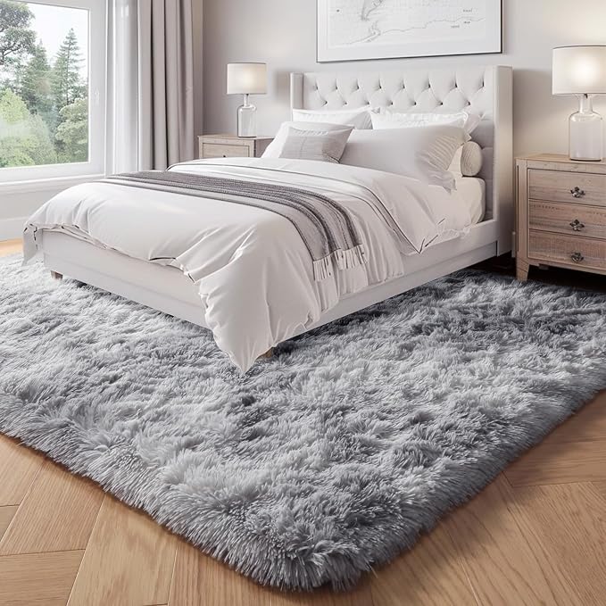 Light Grey Shaggy Abstract Area Rug 6x9 Feet, Plush Fluffy Rugs - Image 4