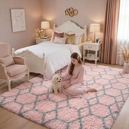 Area Rugs for Girl Bedroom Living Room, 4x6 Fluffy Pink and Grey Modern Rug | - Image 6