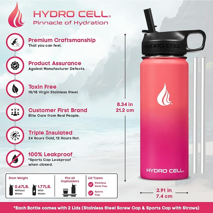 HYDRO CELL Stainless Steel Insulated Water Bottle with Straw - For Cold & Hot Drinks - Metal Vacuum Flask with Screw Cap and Modern Leakproof Sport Thermos for Adults (Coral/Punch 18oz)