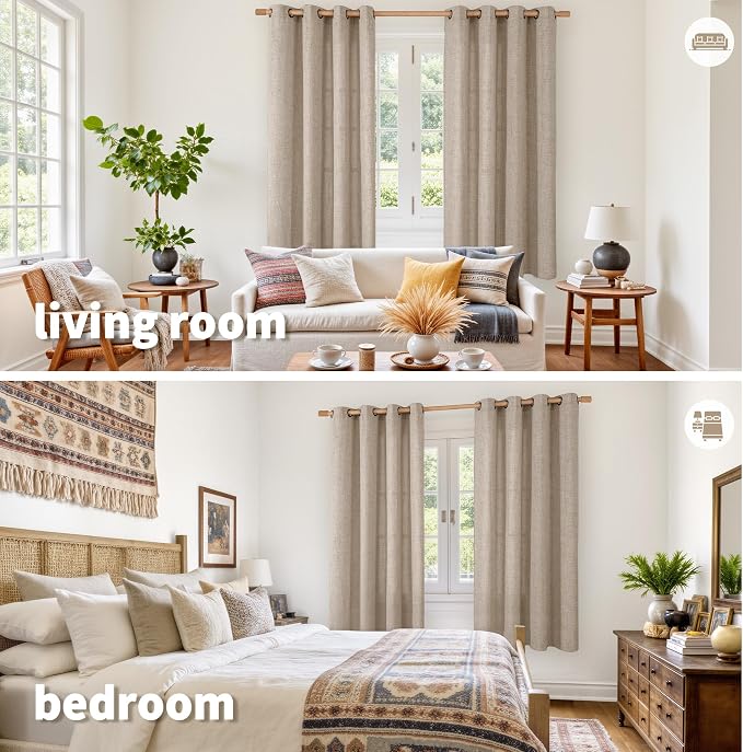 YoungsTex Oatmeal Linen Semi Sheer Curtains 63 lnch Length, Tan Drapes | - Image 2