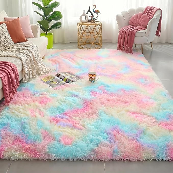 Amdrebio Rainbow Unicorn Large Fuzzy Rug 8x10 by Amdrebio