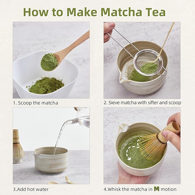 Matcha Whisk Set, Ceramic Matcha Set with Bowl, Matcha Whisk and Holder, Sifter, Bamboo Spoon, Scoop, 6Pcs Ceremony Matcha Kit for Tea Lovers Making Breakfast/Latte