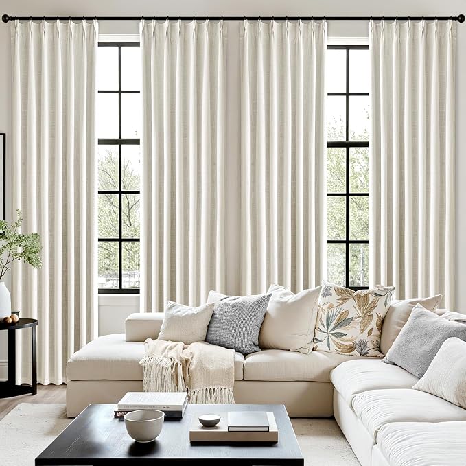 MIULEE Beige White Pinch Pleated 100% Blackout Linen Curtains 40x108 Inches | - Image 7