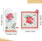 Maison d' Hermine 100% Cotton Oven Mitt & Pot Holder Set (7.5"x13" & 8"x8") Heat Resistant BBQ Cooking Gloves with Loop, Baking, Grilling, Kitchen, Handling Hot Pans (Poinsettia Christmas)