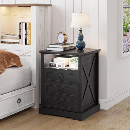 Nightstand with Charging Station, Farmhouse End Side Table with 3 Drawers and - Image 7